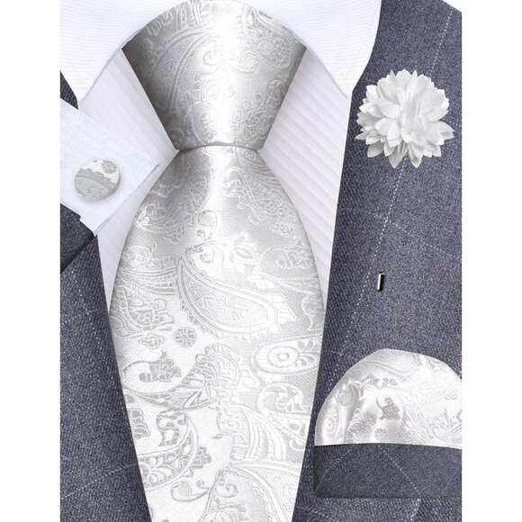 Pure White Paisley Tie Handkerchief Cufflinks Set with  Men\'s White Paisley Tie And Lapel Pin Necktie Hankerchief Cufflinks Set